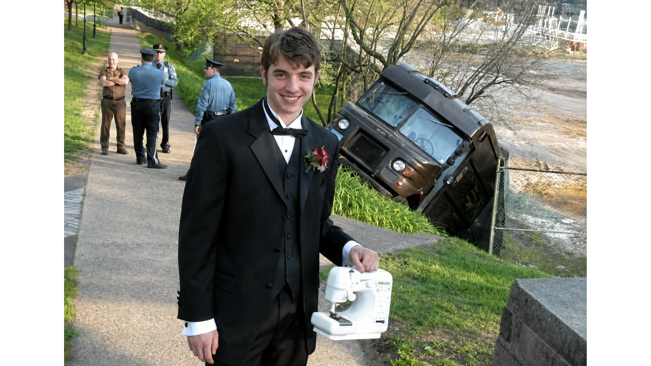 1. Sewing machine pose with a surprise backdrop