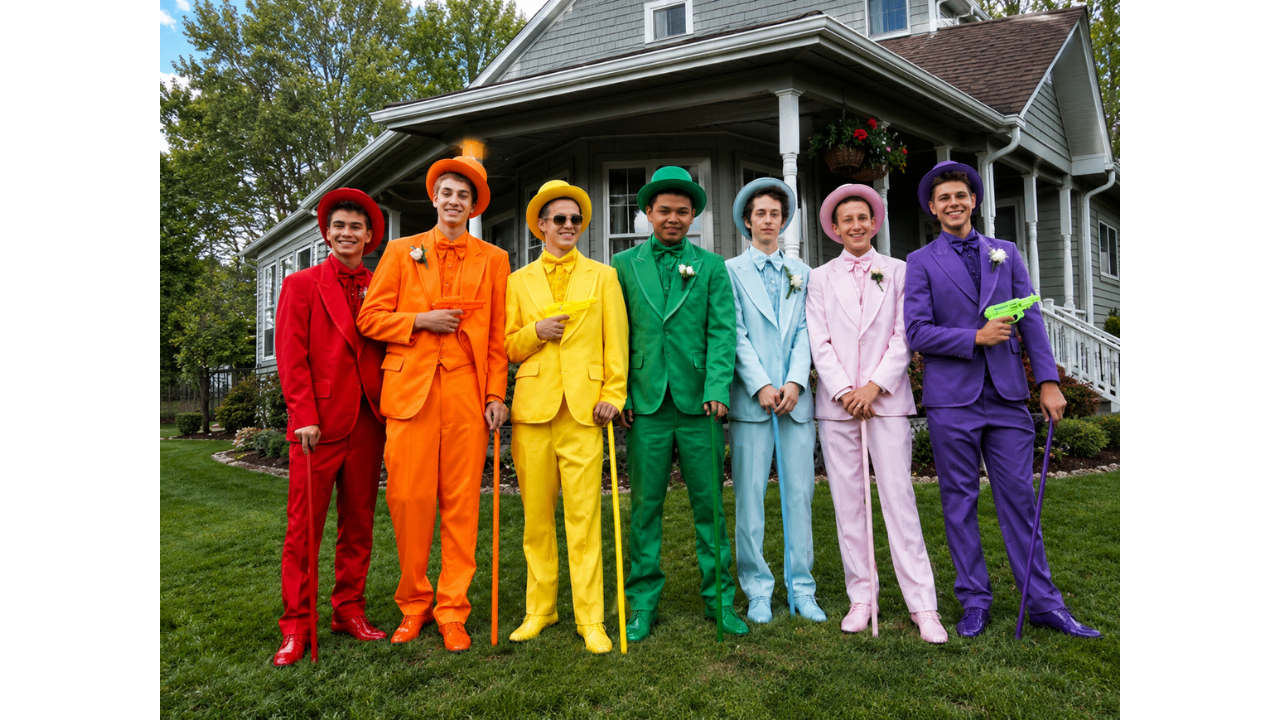 8. Bright suits turn the group photo colorful