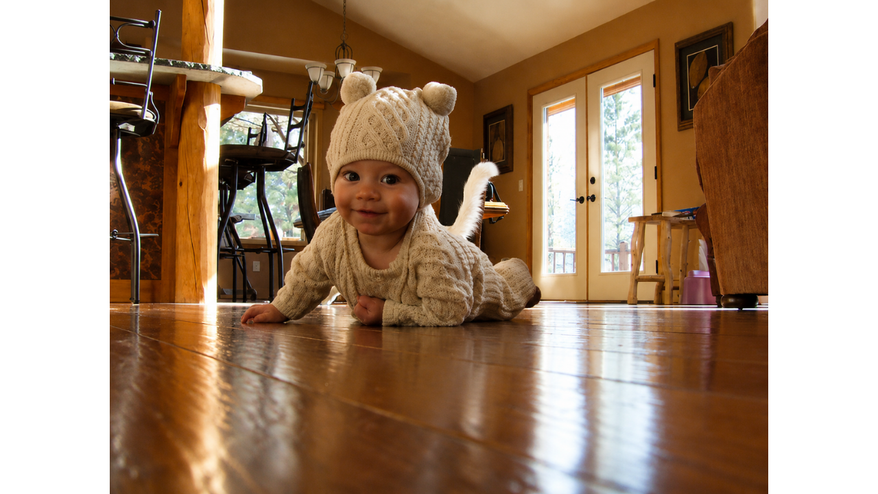 6. Cat appears behind a crawling baby