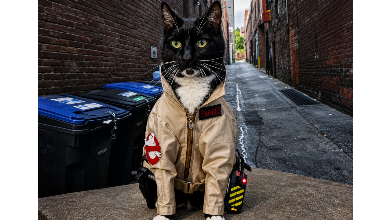 8. Ghostbusting feline ready for action