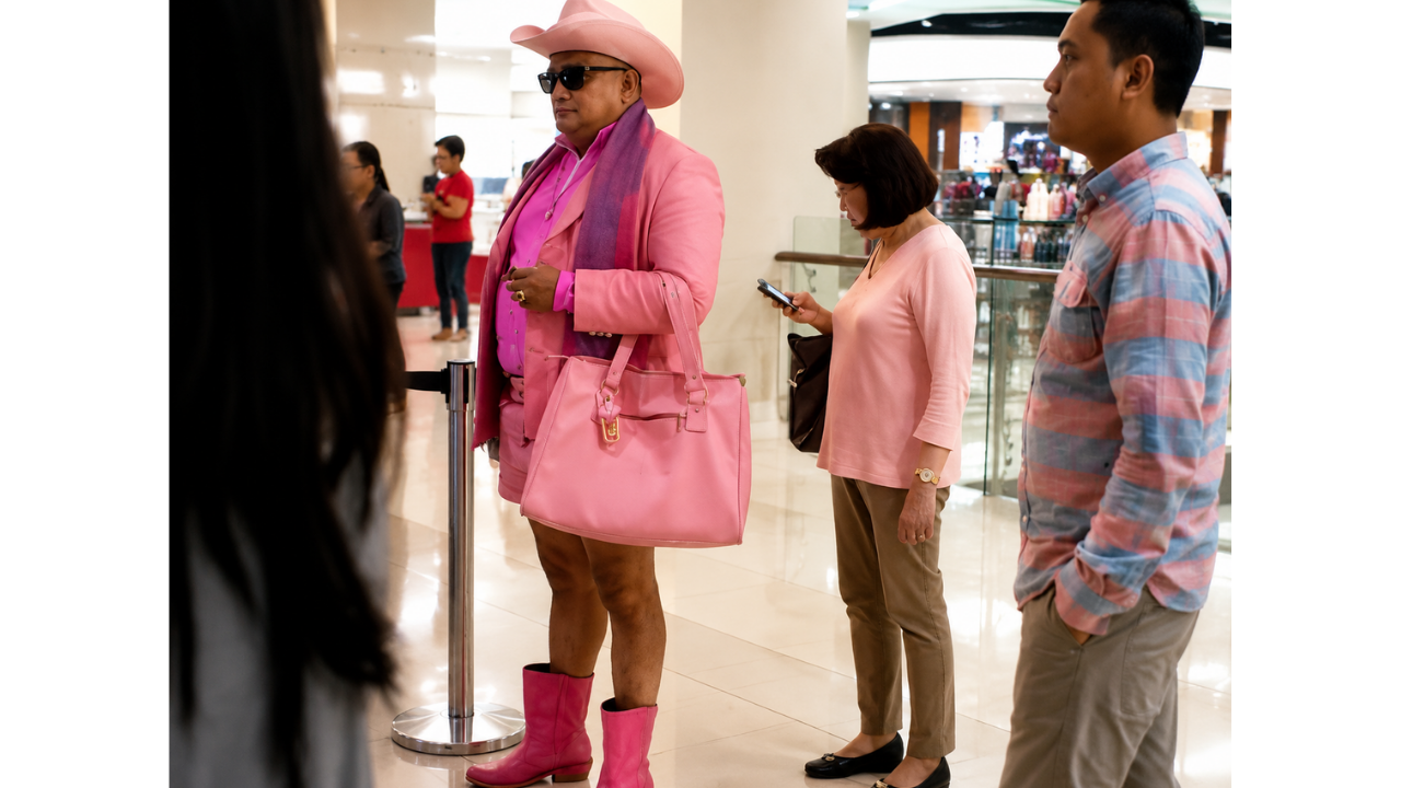 10. Bright pink cowboy outfit stands out in the terminal